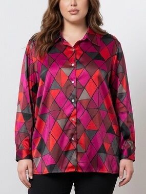 Avenue Pink & Red Geometric Button-Down Shirt